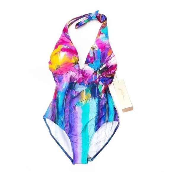 Gottex Halter Neck Swimsuit Bathing Suit Multicolor Italian Summer Size 6 NWT - Picture 1 of 10